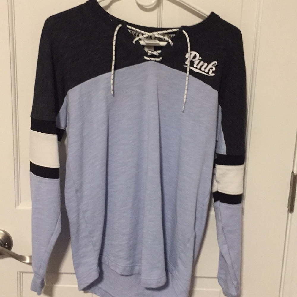 Blue and grey cross front PINK sweater